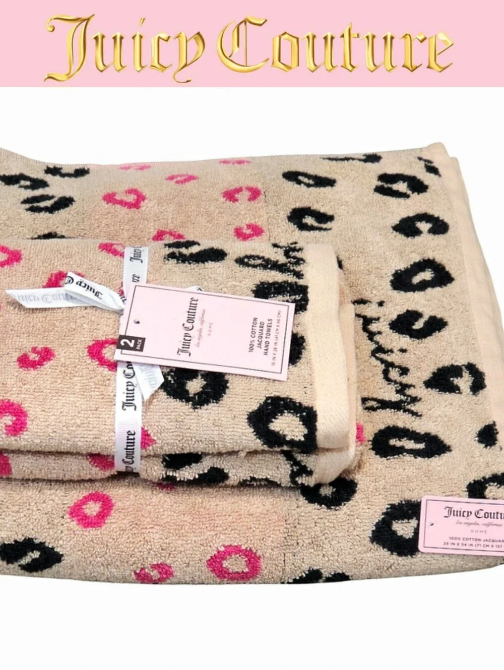 Juicy Couture Home Signature Logo Spotted Leopord Print Bath & Hand Towels